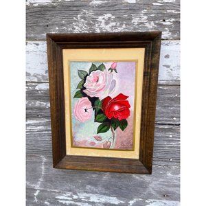 Vintage 1980s Pink red Rose Framed Acrylic Painting Signed
